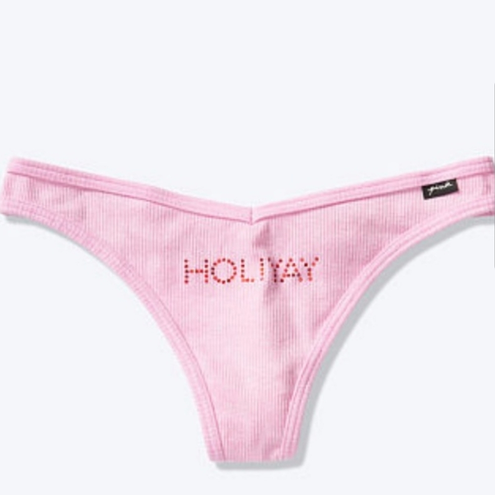 Victoria's Secret PINK Rhinestone Crystal Holiyay Ribbed Thong Panty NWT